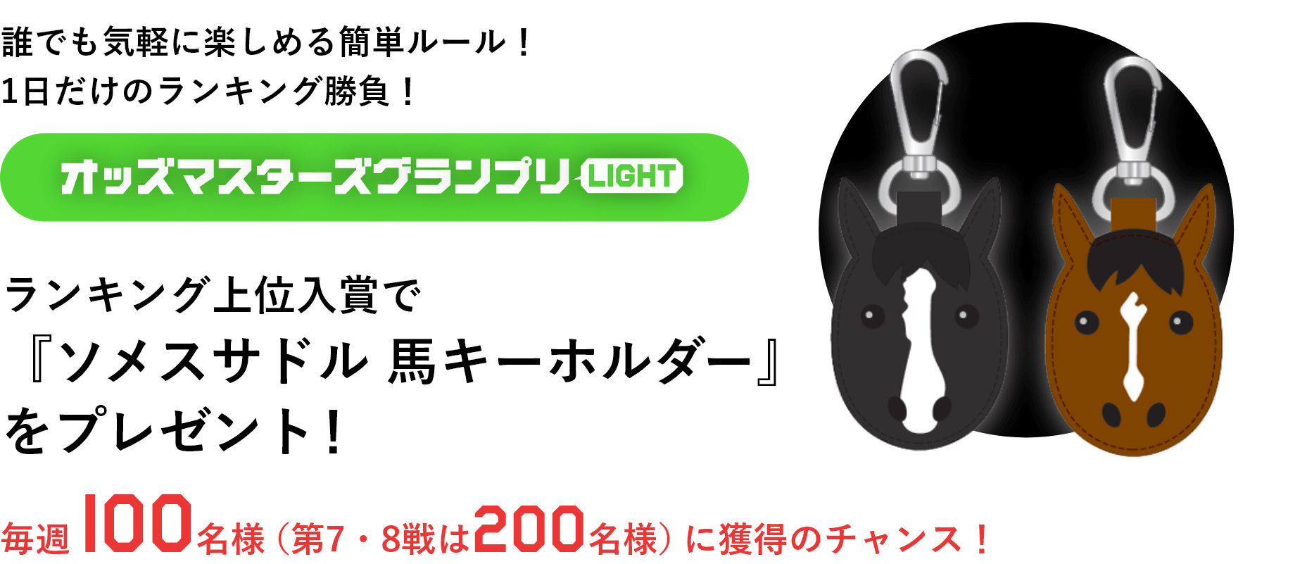 誰でも気軽に楽しめる簡単ルール!1日だけのランキング勝負! オッズマスターズグランプリLIGHT ランキング上位入賞で「ソメスサドル 馬キーホルダー」をプレゼント! 毎週100名様(第7・8戦は200名様)に獲得のチャンス!